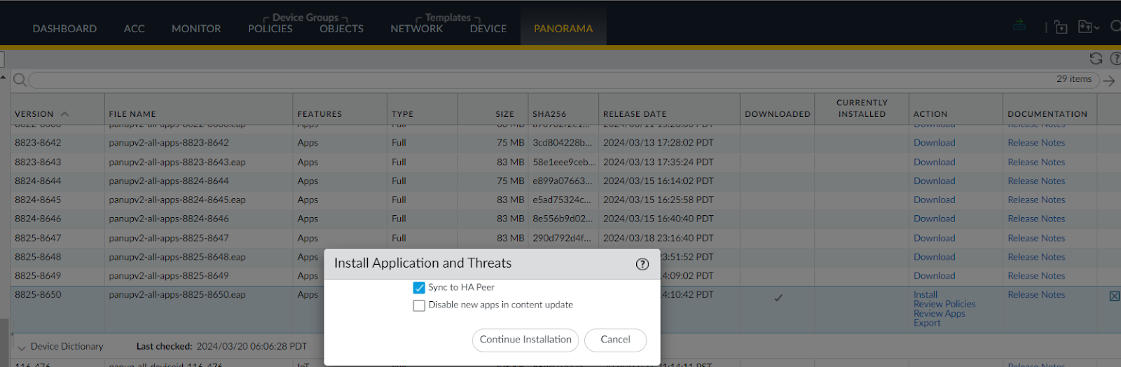 Actualización de contenido en el panorama activo