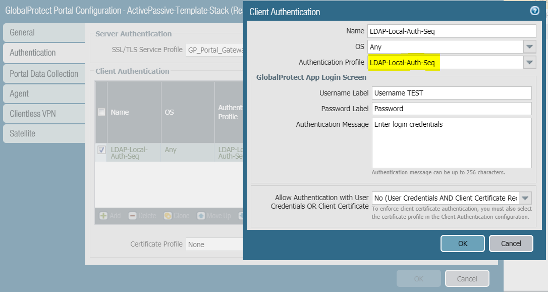 Instantánea que muestra el cuadro de diálogo de autenticación del GlobalProtect cliente del portal