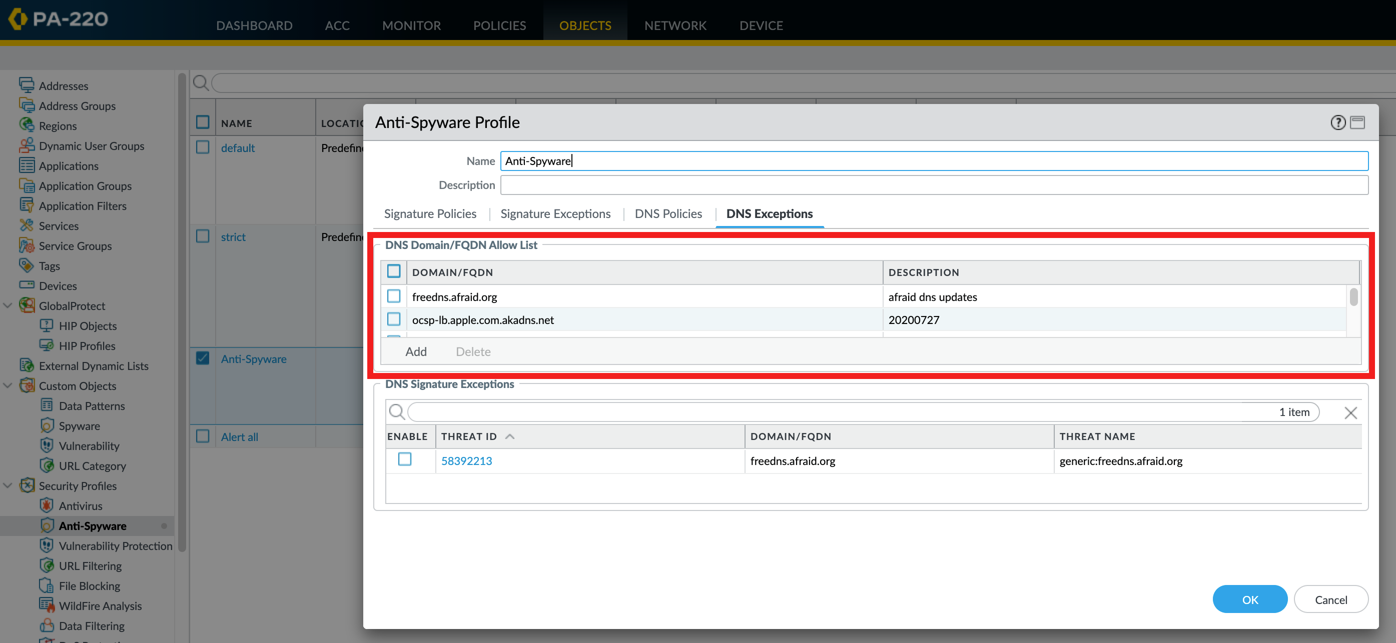 DNS Security FQDN Exception