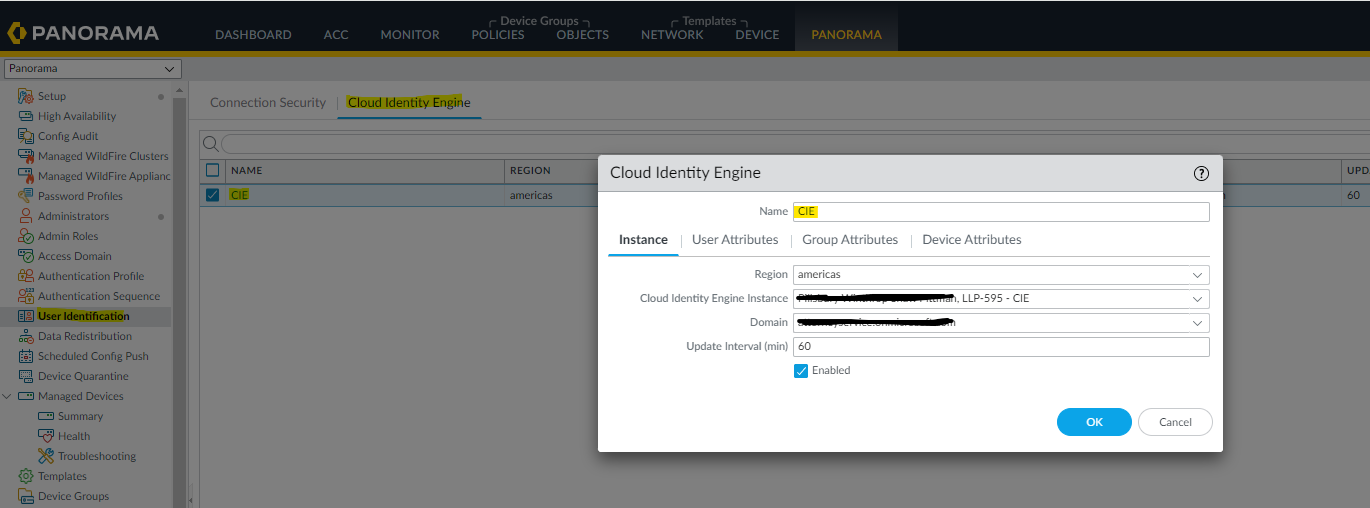 Captura de pantalla de la configuración CIE en el panorama