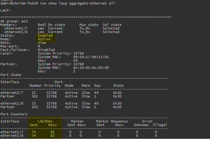 Verify LACP with show lace aggregate-ethernet command