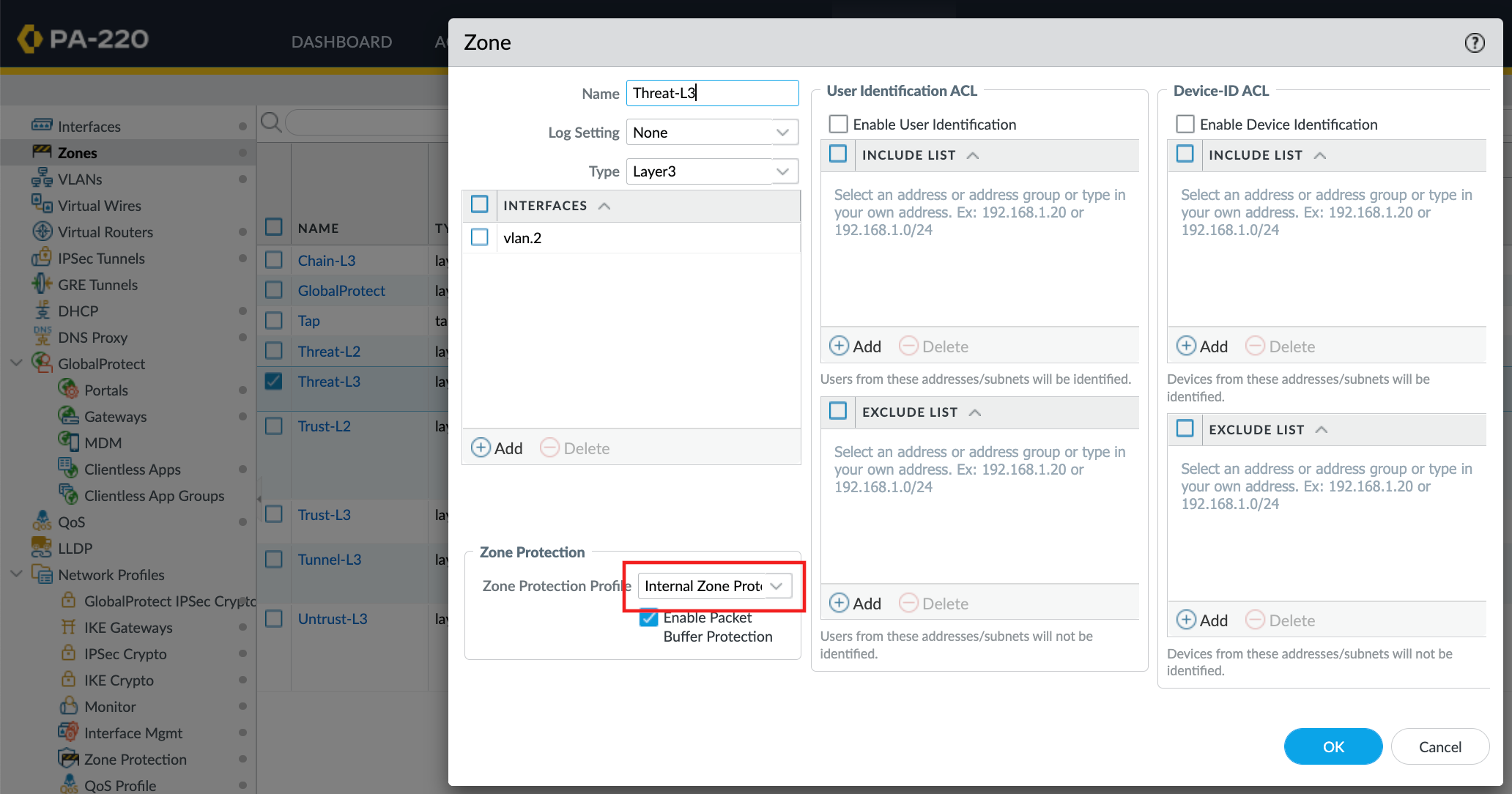 Associate the Zone Protection Profile with the ingress Zone