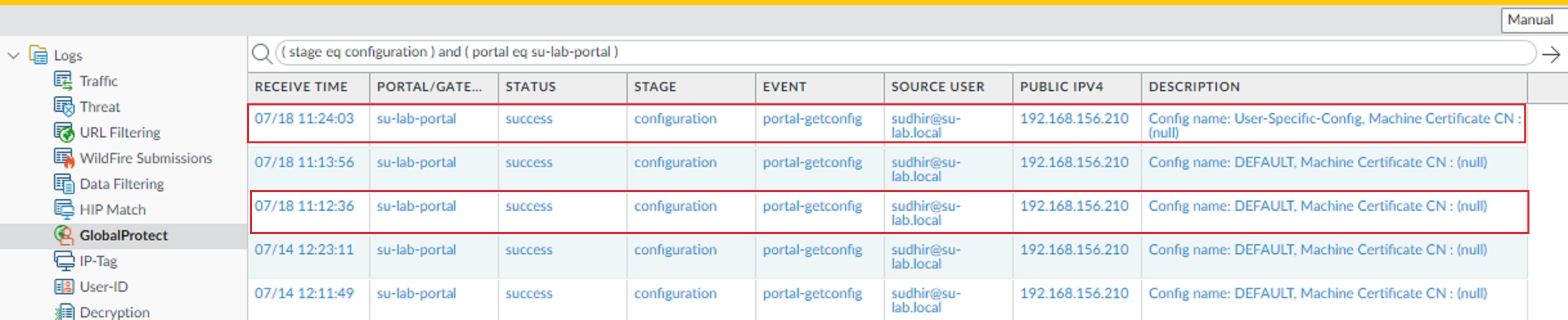 Global Protect configuration match logs