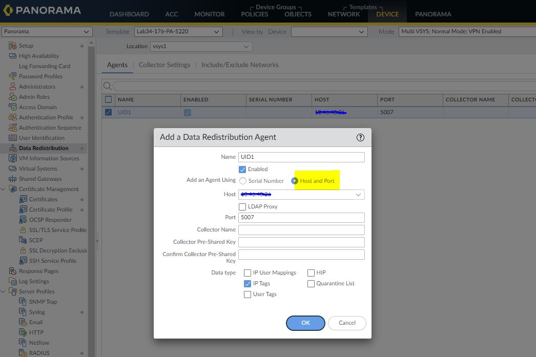 the screenshots show the host port configuration for redistribution agent