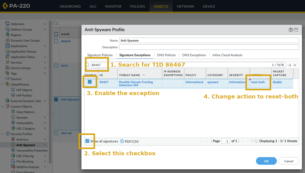 Activez une exception de menace dans le profil Anti-Spyware.