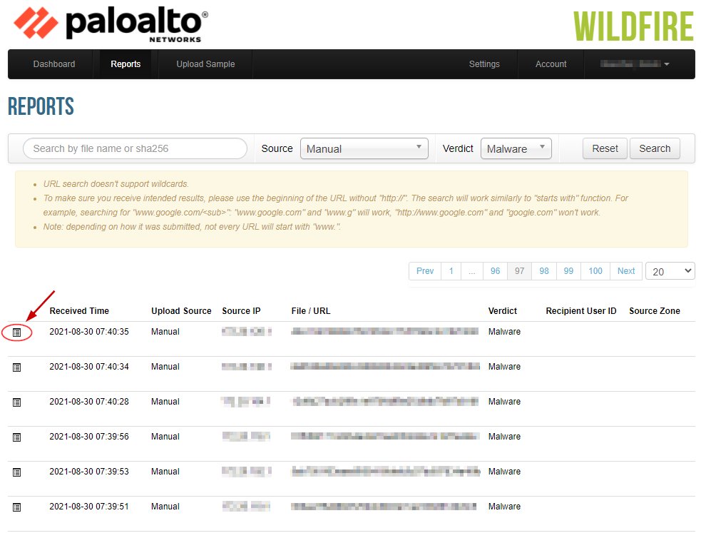 Click on the Report icon the view the submission information