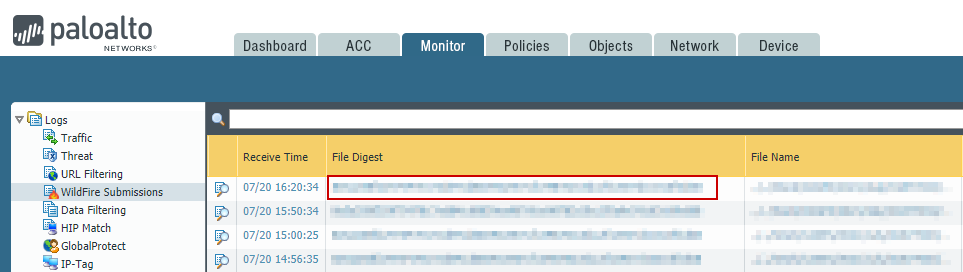 Hash se encuentra en esta columna de resumen de archivo