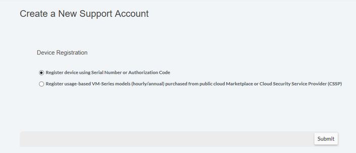 Screenshot of Create a New Support Account Device Registration