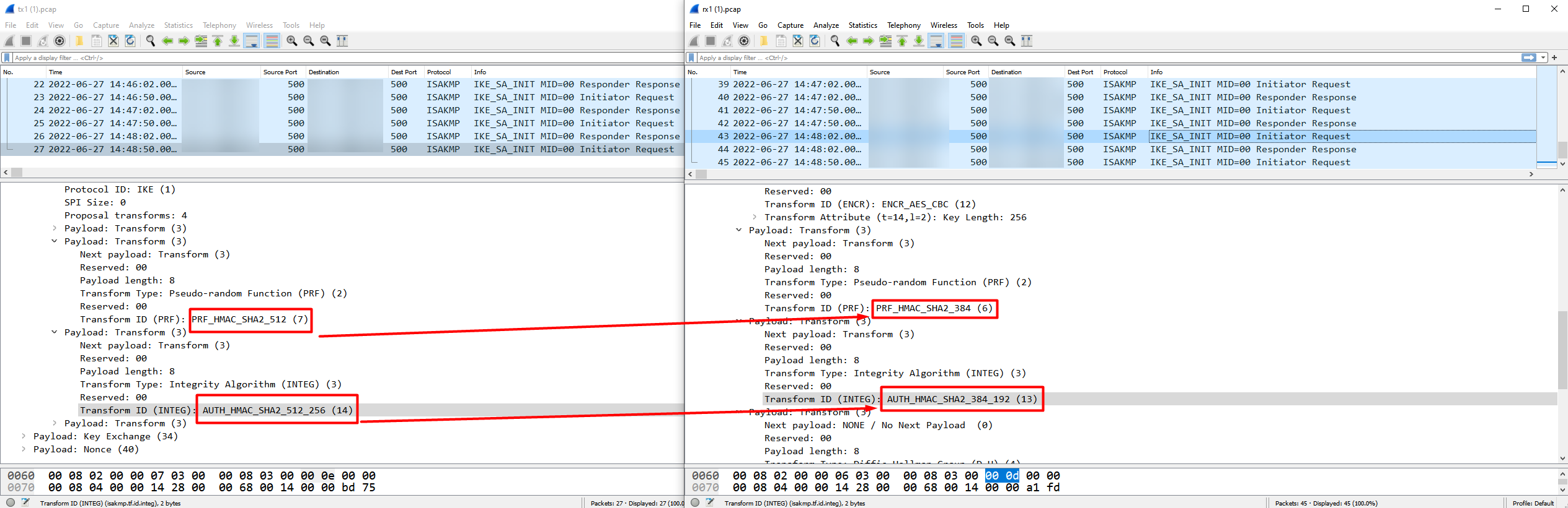 Comparing Wireshark for Phase 1 Authentication mismatch