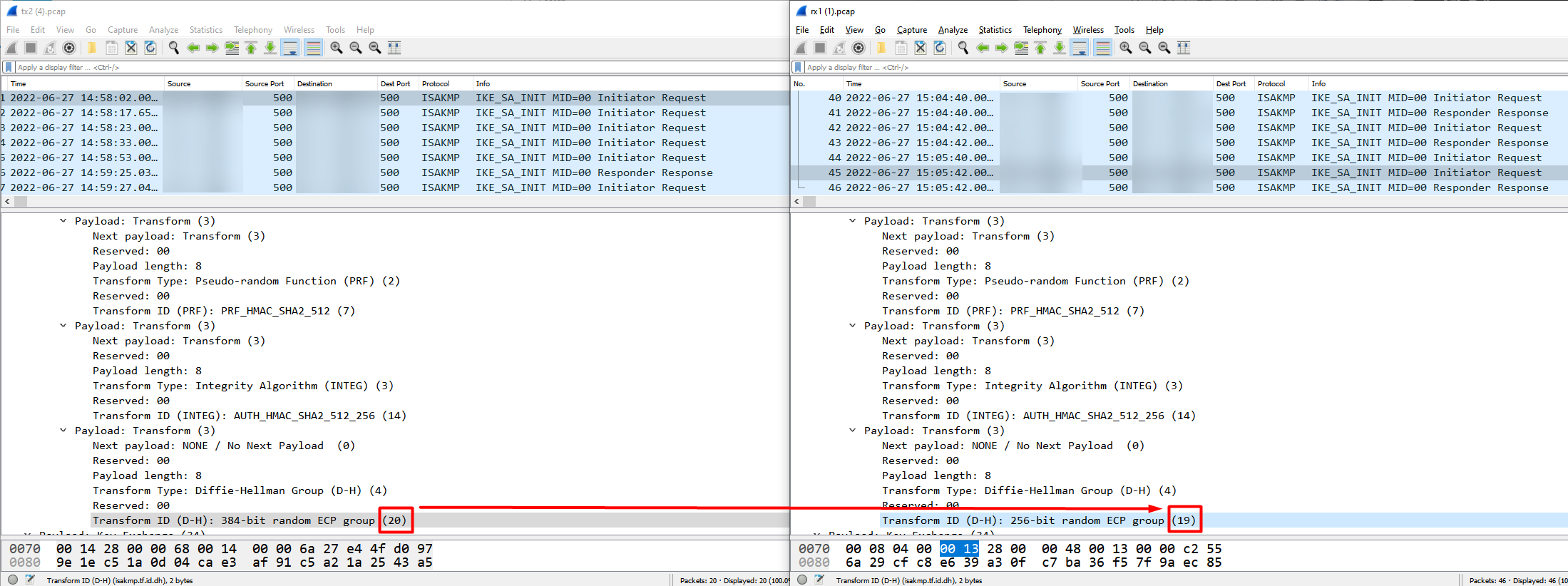 Comparing Wireshark for Phase 1 DH Group mismatch