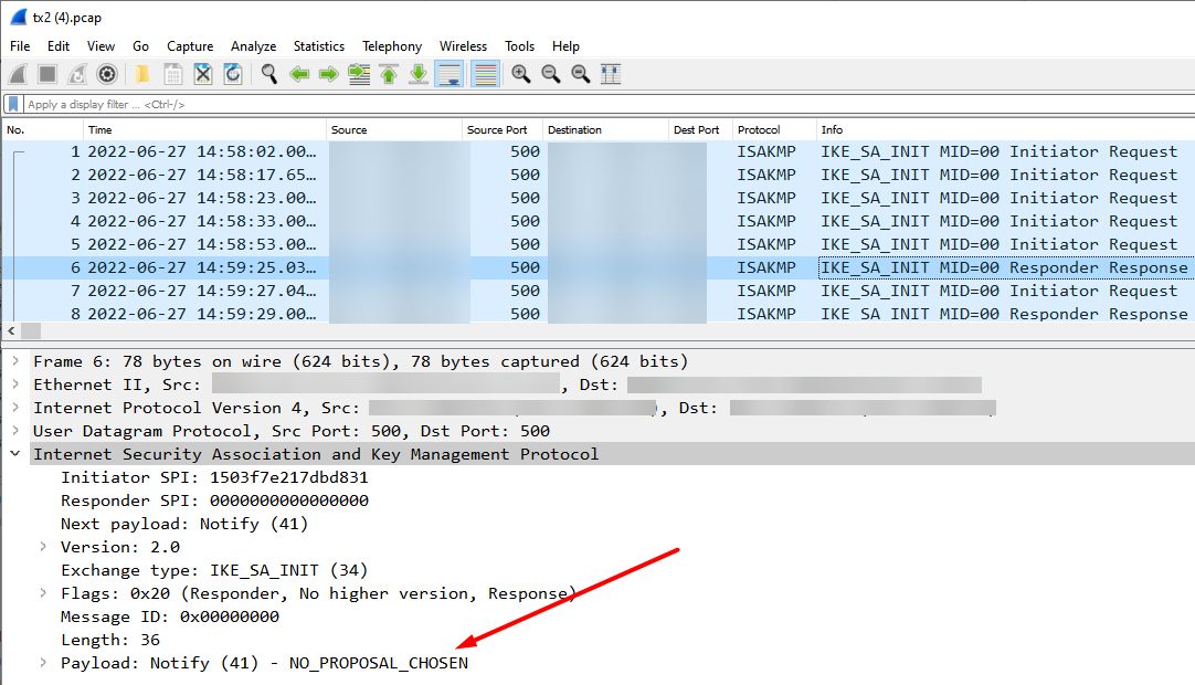 Comparing Wireshark for Phase 1 DH Group mismatch 2 NO_PROPOSAL_CHOSEN