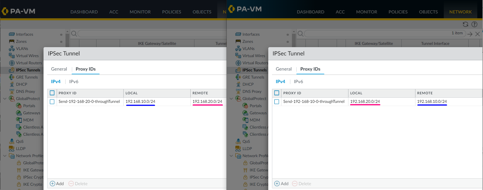 Comparing good best-practice working Proxy IDs which are perfect mirror of each other in Web UI