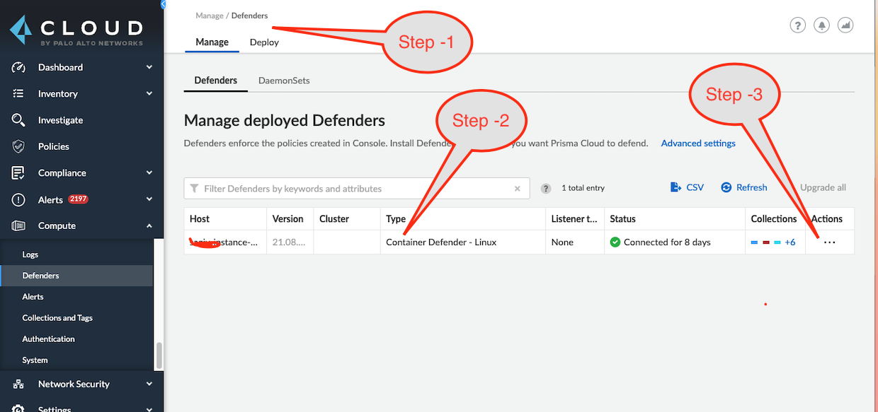 CLOUD  Netwk  Step -1  Manage deployed Defenders  Def„-,  T Filter  Step -2  Step -3  E• csv @  C.ted 8