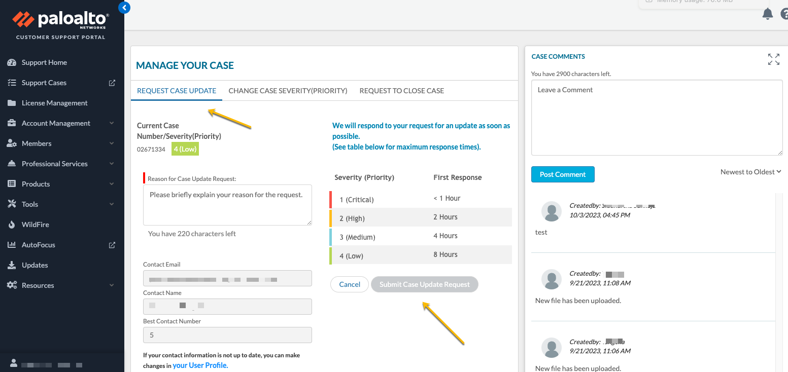 Request Case Update tab