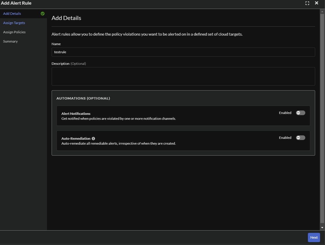 Click Add Alert Rule, name the rule and click Next