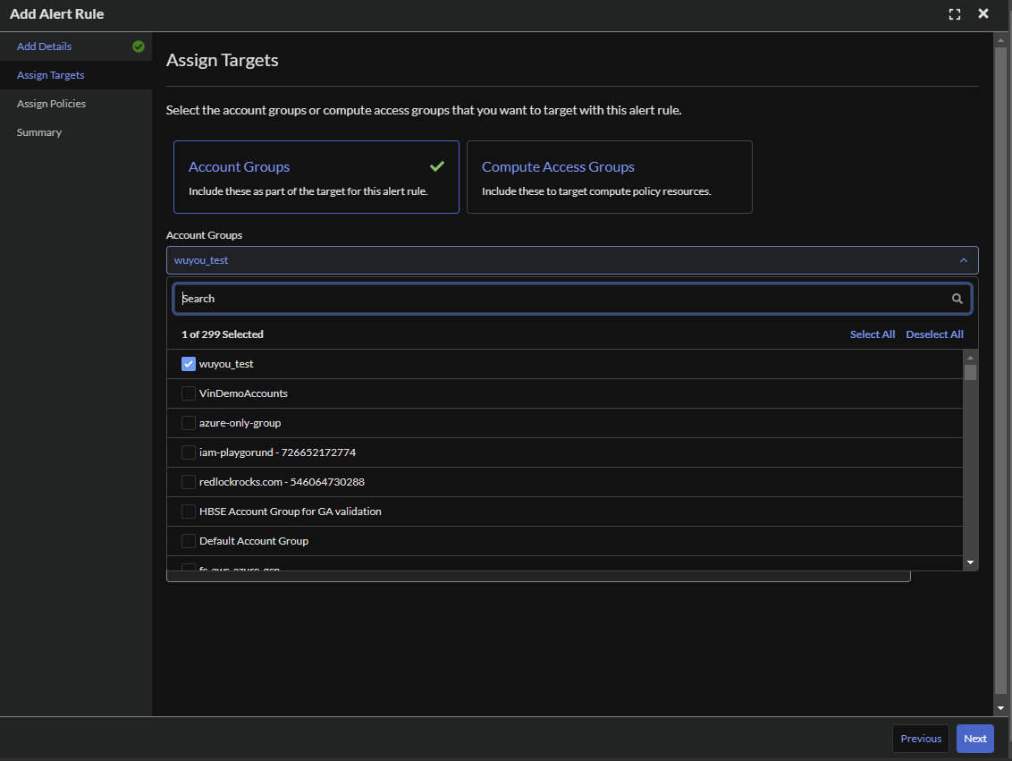 Select at least one Account Group via the dropdown and click Next