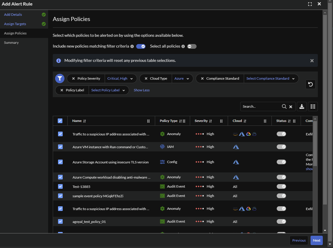 Select at least one criteria via the filters, then click the 'Select All' checkbox next to Name and click Next.