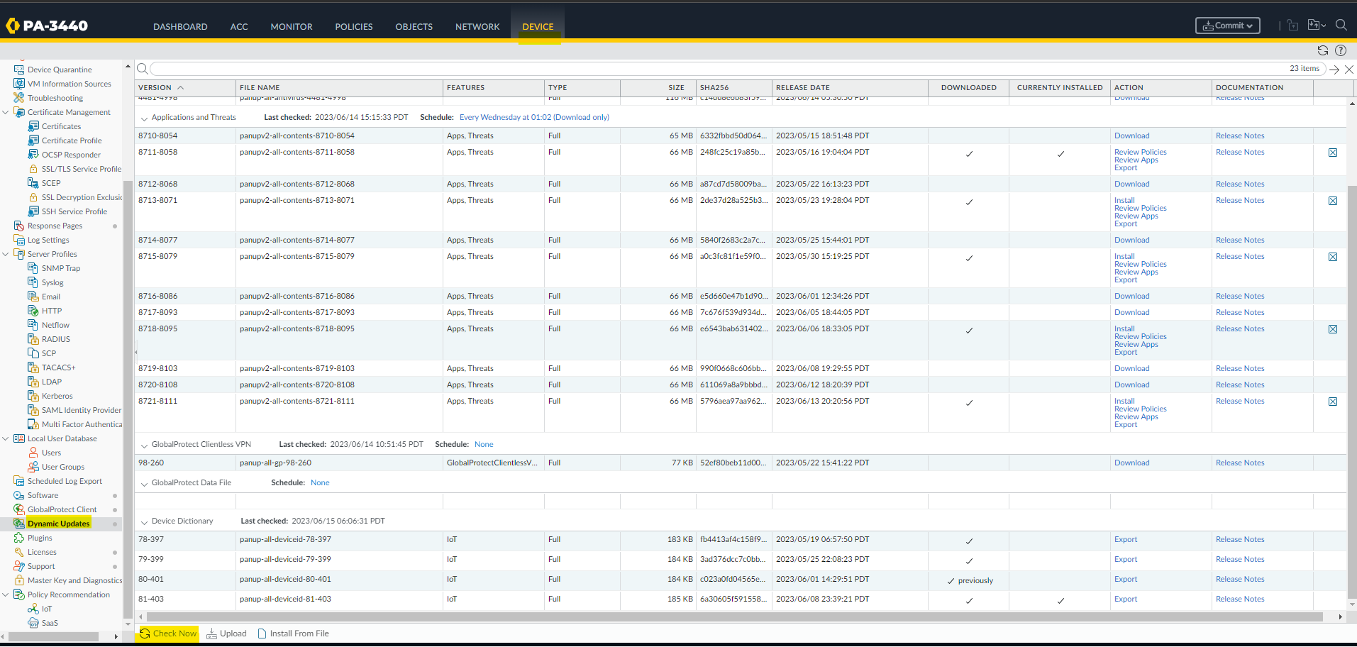 After clicking on 'Check Now' the WildFire panel for Dynamic Updates is not displayed.