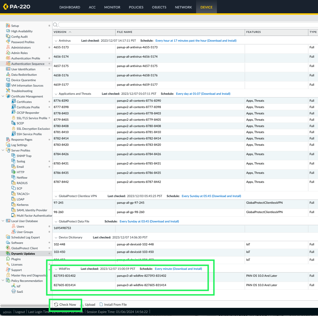 Click on 'Check Now'. The WildFire Dynamic Update section will now be displayed.