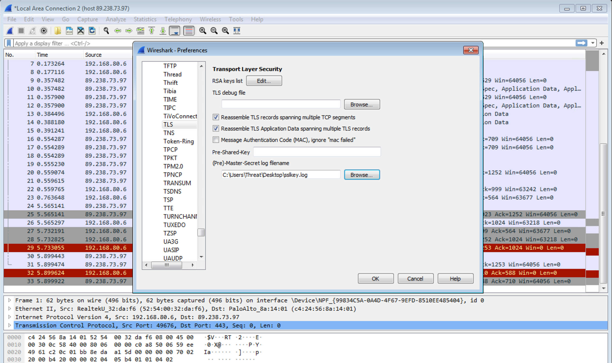Add sslkey.log to the (Pre)-Master-Secret under the TLS protocol preferences.
