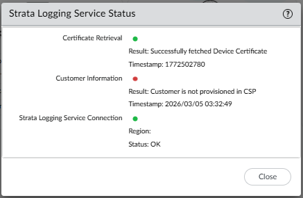 Navigation path: PANORAMA > Cloud Services > Status > Status tab > Strata Logging Service > details