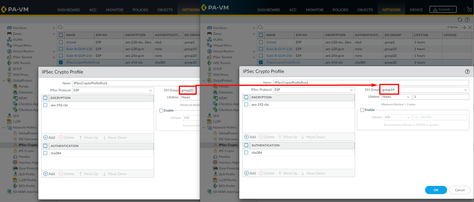 Comparing mismatch DH Group Phase 2 in Web UI