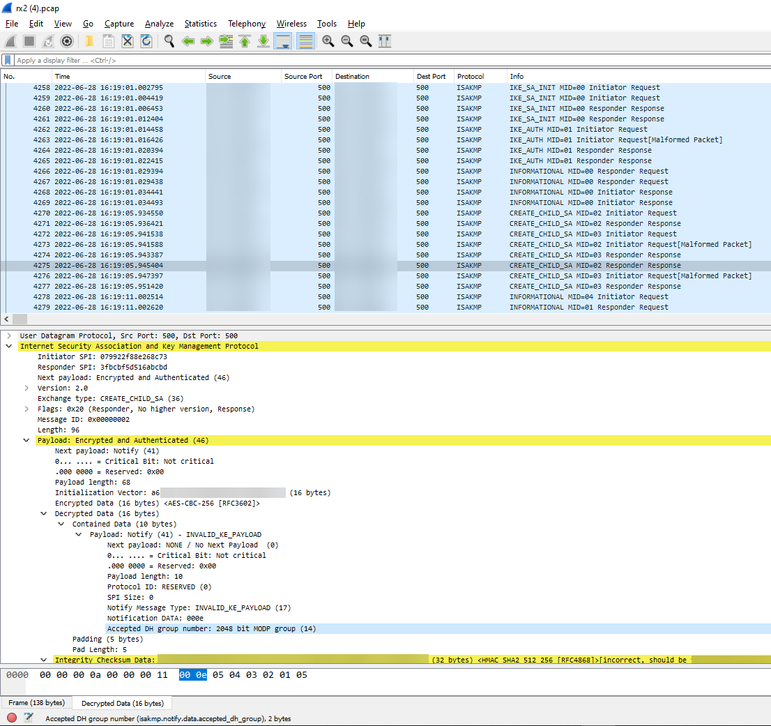 Comparing Wireshark for Phase 2 DH Group mismatch 2
