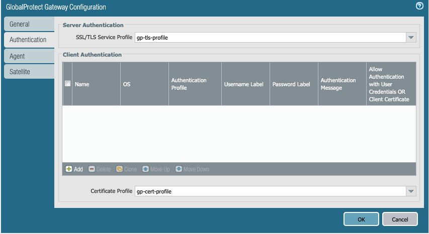 Screenshot displaying where to configure the Gateway to use the Certificate Profile for Authentication without Client Authentication configured.