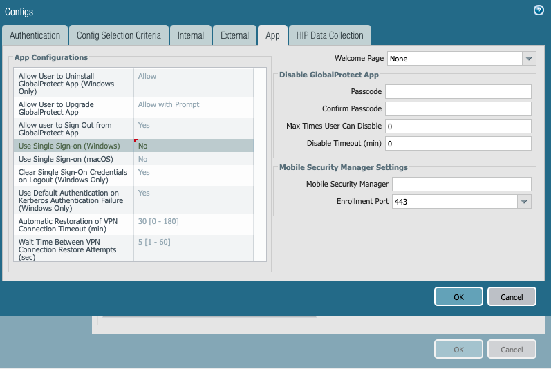 Screenshot displaying the App tab content which is where you disable SSO