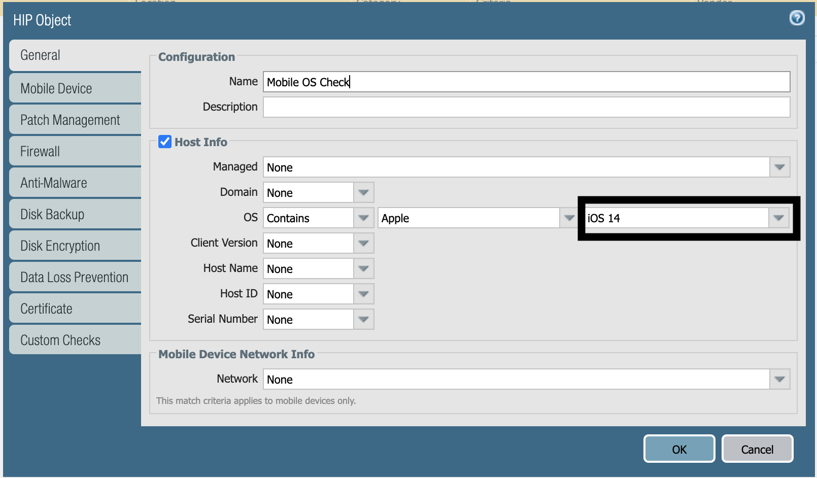Snapshot displaying the HIP Object Dialog Box within PAN-OS