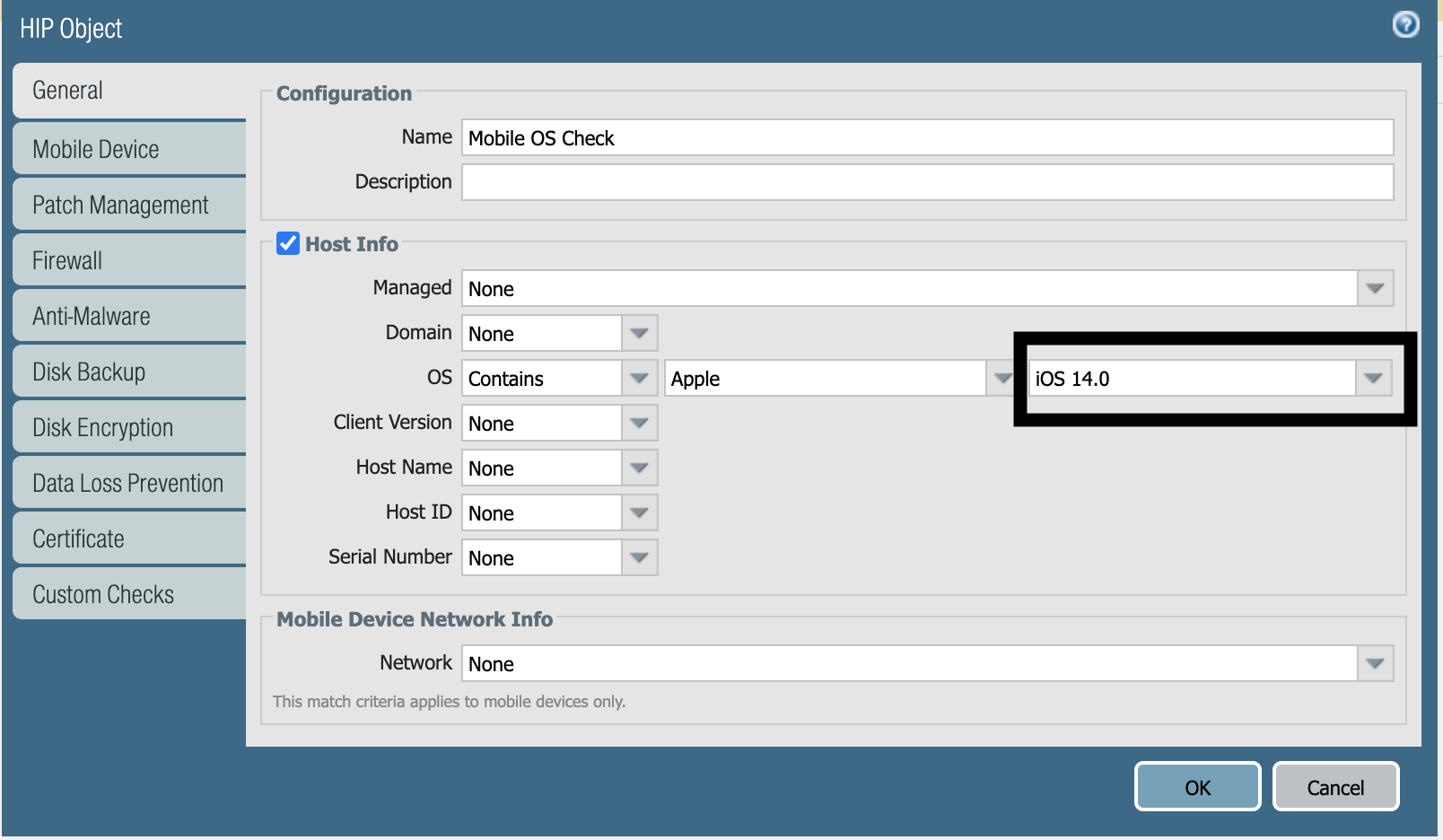 Snapshot displaying the HIP Object dialog box within PAN-OS