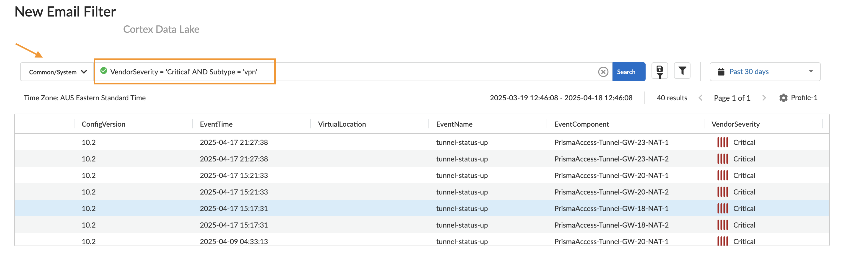 System logs showing critical alerts with subtype VPN