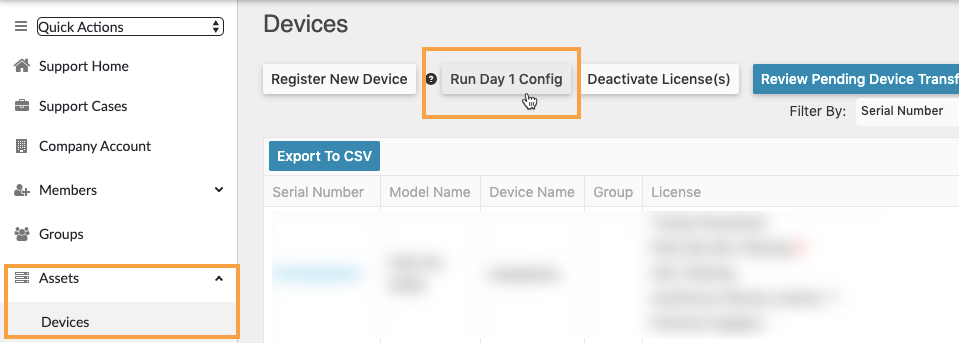 Herramienta de configuración del día 1 en el menú Activos > dispositivos