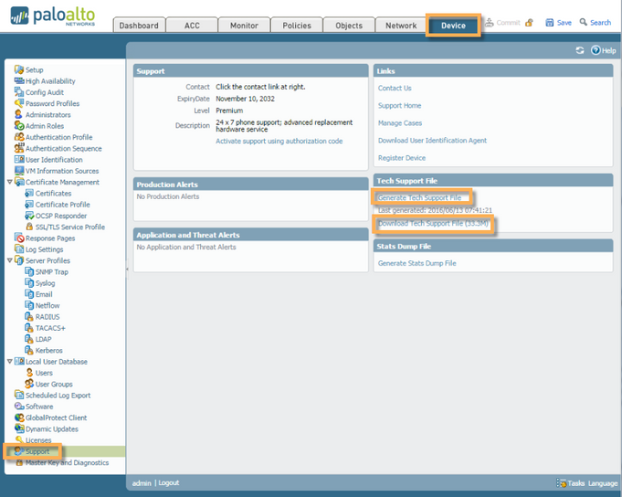 PAN-OS vue de l’onglet périphérique dans les options de support technique
