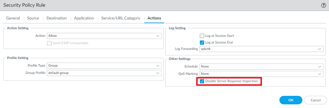 Enable DSRI in Actions tab of Security Policy