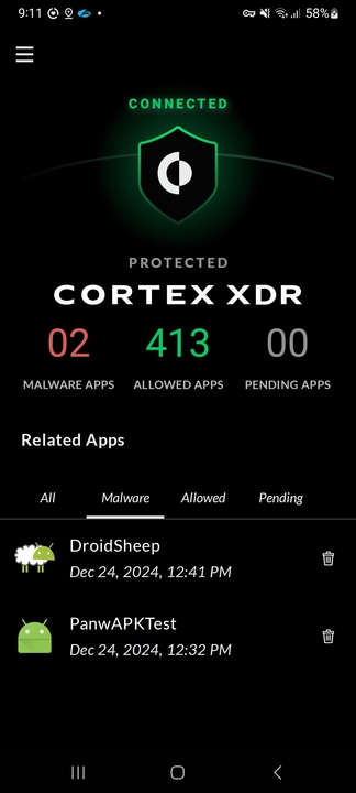 Android device with PanwAPKTest alert