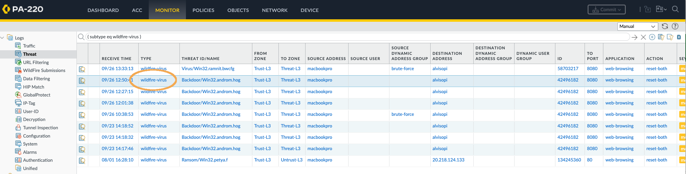 Threat Log entry is of Type