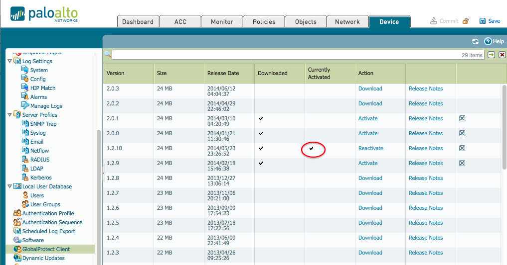 global protect client currently activated on device tab