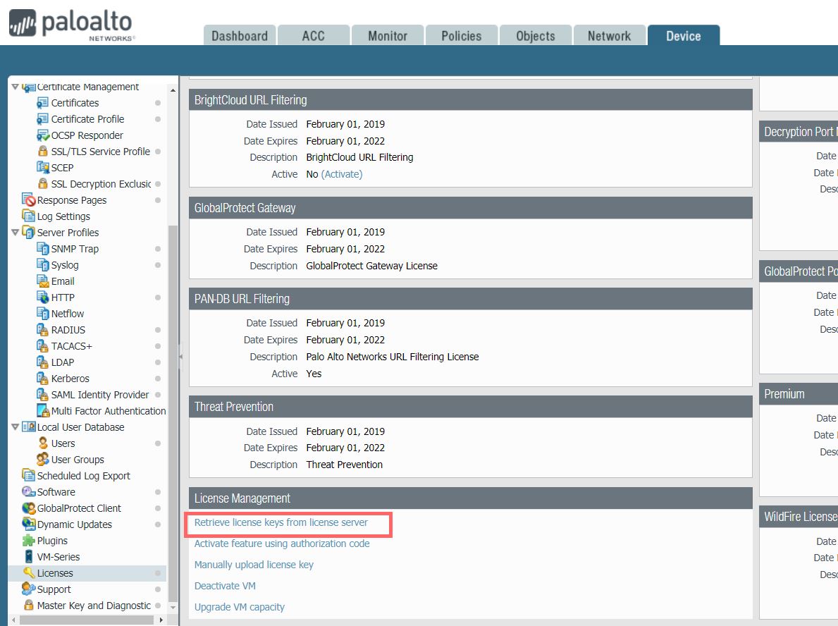 Retrieve license on firewall