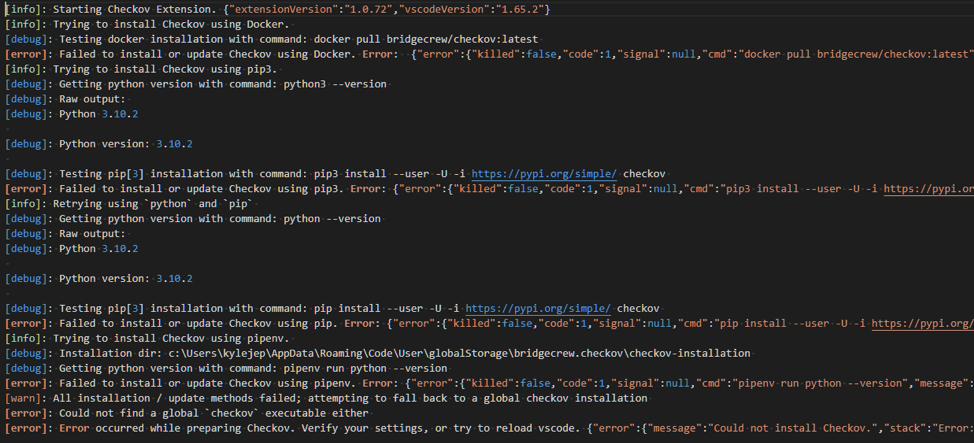 Checkov still wouldn’t initialize unless using pip.
