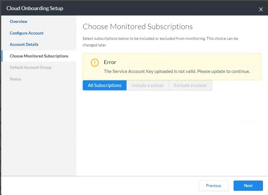 The Service account key uploaded is not valid. Please update to continue