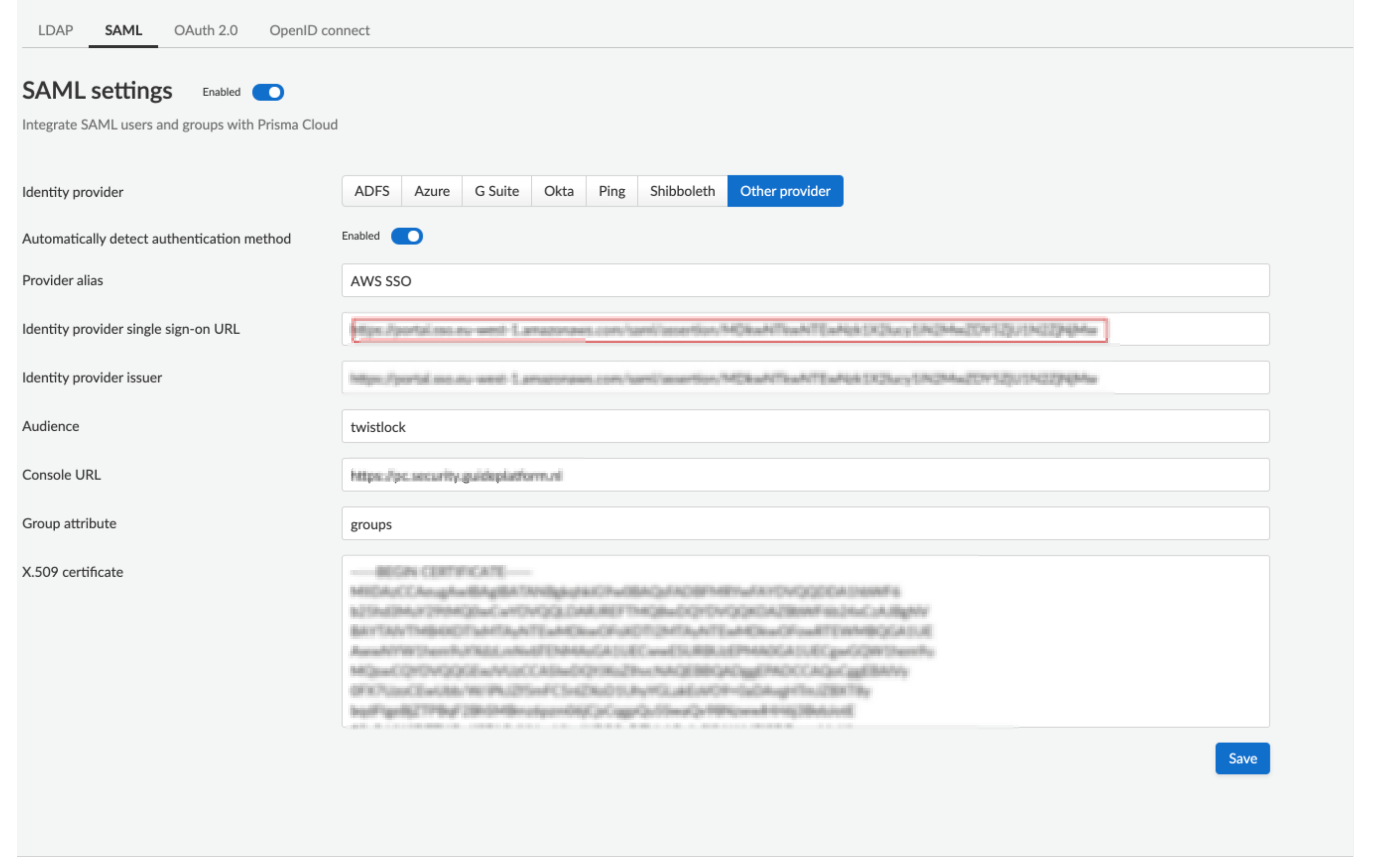 Prisma Cloud Self Hosted SSO config