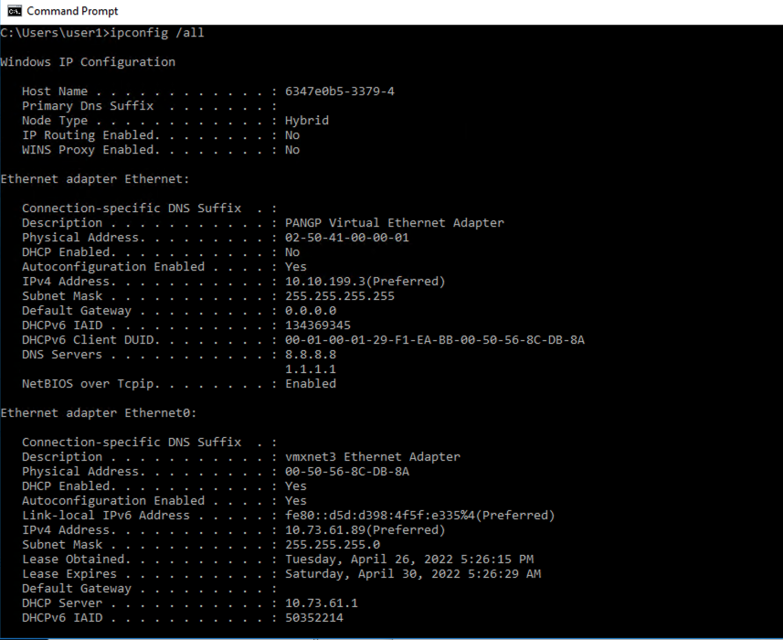 Snapshot affichant la sortie ipconfig /all dans une fenêtre d’invite de commandes Windows