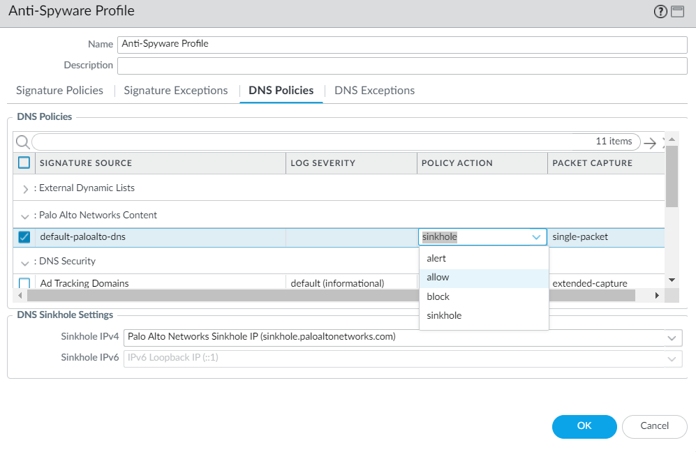 Anti-Spyware Profile Action Menu