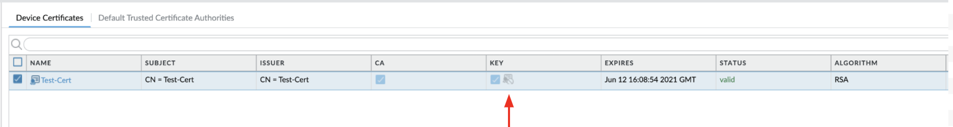 No-Export アイコンを示す証明書リスト