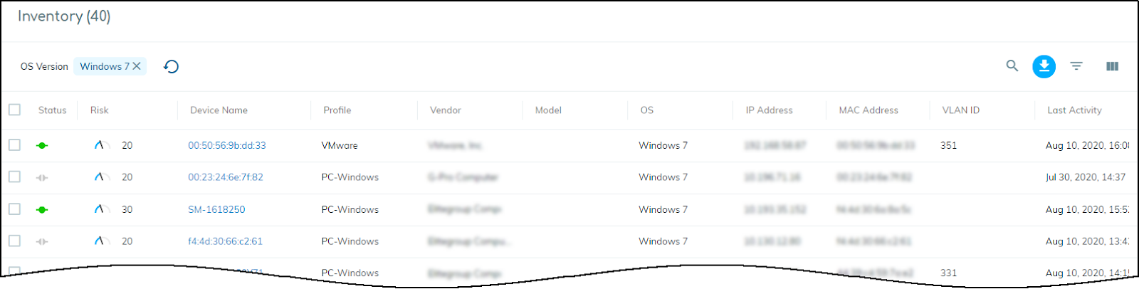 Haga clic en el icono Descargar para descargar el inventario filtrado en formato .csv.