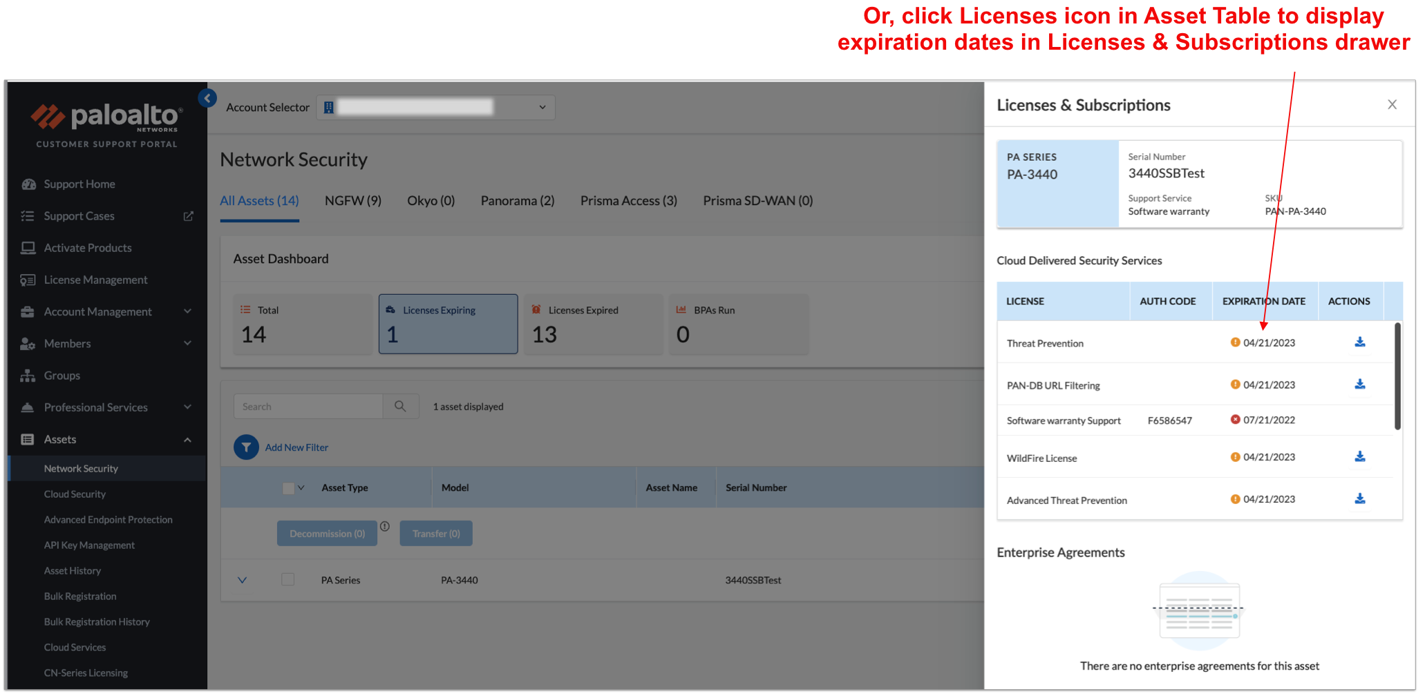 Viewing additional information in the Licenses & Subscriptions drawer