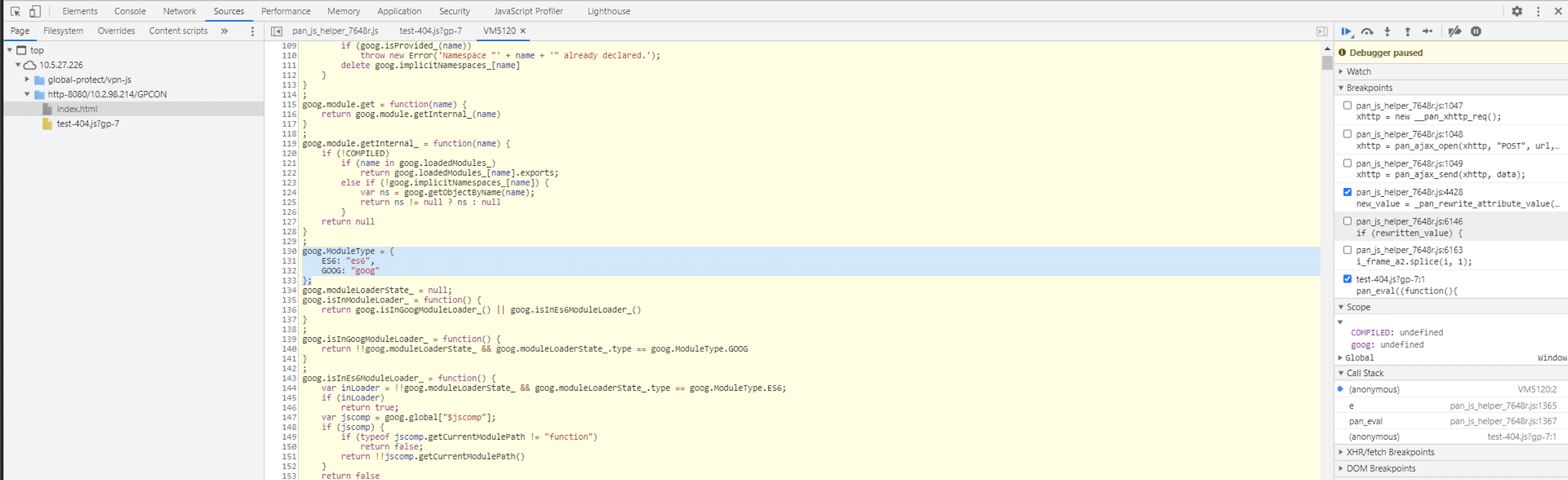 Google Chrome 内の Developers Tool ダイアログ ボックスのスナップショット