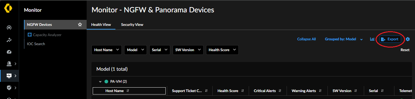 Image showing the Export button location