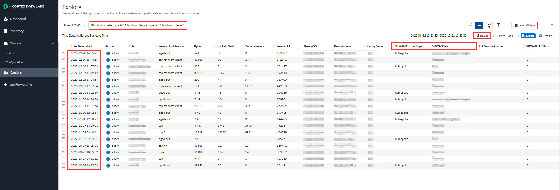 Few results from query for SD-WAN fields for 90 days